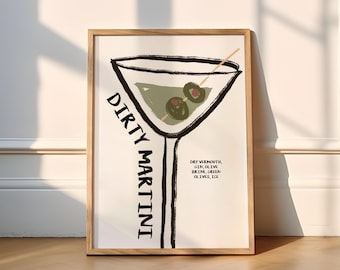 Dirty Martini Whimsical Print | Cocktails (Cocktail Prints, Kitchen Poster, Drinks, Olives, Funky, Wall Art, Retro, Doodle, Retro, Bar, A4)