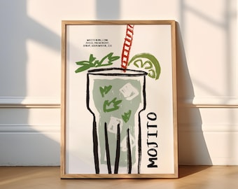 Mojito Whimsical Print | Cocktails (Cocktail Prints, Kitchen, Wall Art, Retro, Rum Punch, Tropical Summer, Kitchen Poster, Bar, Funky, Cute)