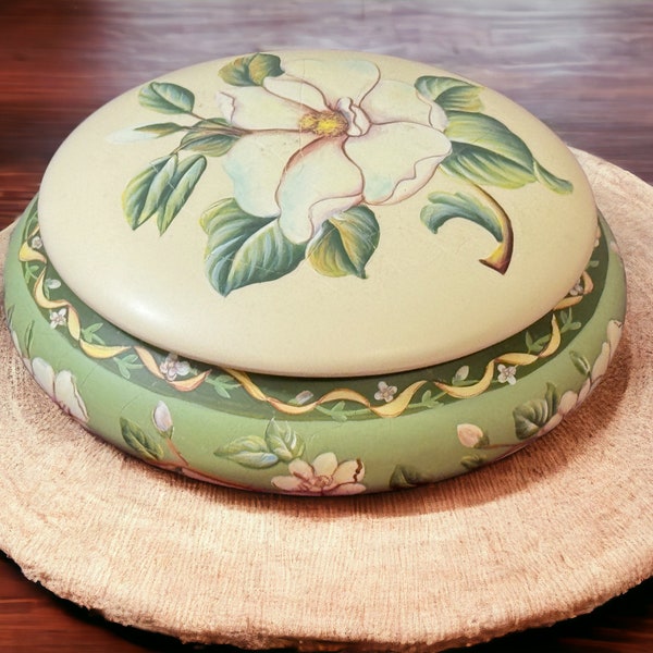 Beautiful Hand-Painted Lidded Ceramic Trinket Box with Magnolia Design, Made by May Rich Design in China