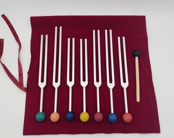 Chakra Tuning Fork Set Unweighted Silver with Color Removable Balls, Velvet Bag and Striker - Sound Healing Therapy Biofield Balancing