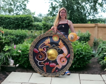 38-inch 90 cm Large Double Colorful Dragon Gong - Sound Bath, Healing, Deep Resonating Bell, Handmade with Striker for Tranquility Harmony