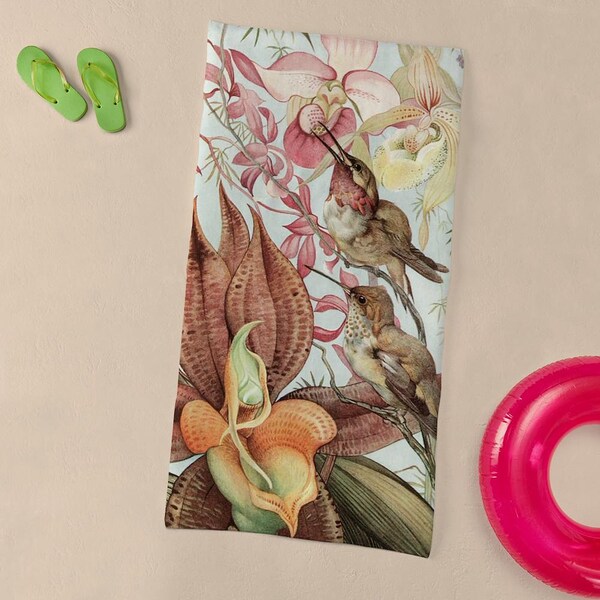 CafePress Vintage Hummingbirds And Orchids Plush Beach Towel - For Beach, Pool and Summer Fun