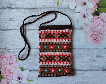 Knitted Knitting Pattern Mobile Phone Case, Phone or Document Case with Jacquard Pattern, Neck Bag, knitted phone case jacquard pattern