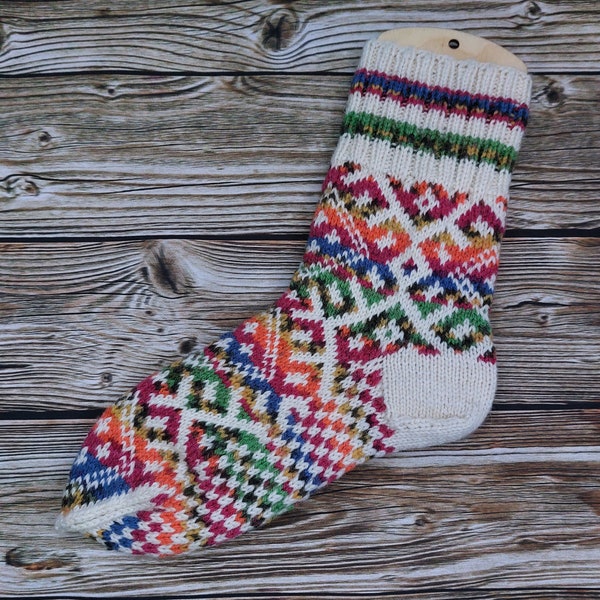 Handmade womans wool socks with a northern multicolored pattern, scandinavian warm socks, nordic wool socks, swedish socks, jacquard socks