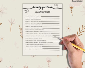 20 Questions About the Bride, Bridal Shower Game, How Well Do You Know the Bride, Printable Bridal Shower Game, Instant Download