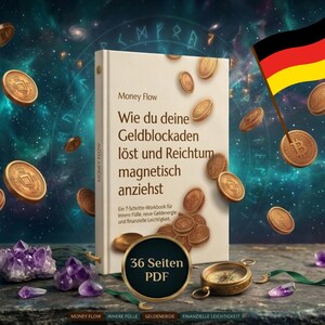 Könnte beinhalten: Ein weißes Buch mit dem Titel Money Flow und deutschem Text auf dem Cover, umgeben von schwebenden bronzefarbenen Münzen und einer deutschen Flagge. Das Cover zeigt den Text Wie du deine Geldblockaden löst und Reichtum magnetisch anziehst sowie ein 36 Seiten PDF Siegel.