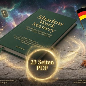 Könnte beinhalten: Ein dunkelgrünes Hardcover-Buch mit dem Titel Shadow Work Mastery in goldener Schrift. Das Cover enthält deutschen Text, zwei grüne Lesebändchen und ein leuchtendes kreisförmiges Emblem mit der Aufschrift 23 Seiten PDF. Steinrunen und Sternanis umgeben das Buch.