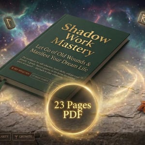 Könnte beinhalten: Ein dunkelgrünes Buch mit dem Titel Shadow Work Mastery: Let Go of Old Wounds & Manifest Your Dream Life, inklusive 23 Pages PDF Etikett, einem goldenen Kompass, Sternanis und schwebenden Runensteinen vor einem kosmischen Nebelhintergrund.