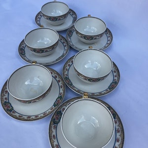 Set of 6 Teacups/Saucers,Limoges Essex by Theodore Haviland, 1903-1924, Schleiger 866, Marked, Porcelain, Roses and Scrolls
