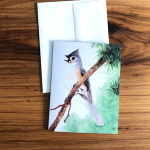 Cartes de voeux aquarelles d'oiseaux colorés de mésange en touffes