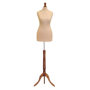 May include: A beige fabric dress form on a wooden tripod stand. The stand has a silver metal rod connecting the form to the base.