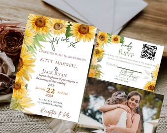Invitación de boda con girasoles, elegante diseño floral (plantilla editable)
