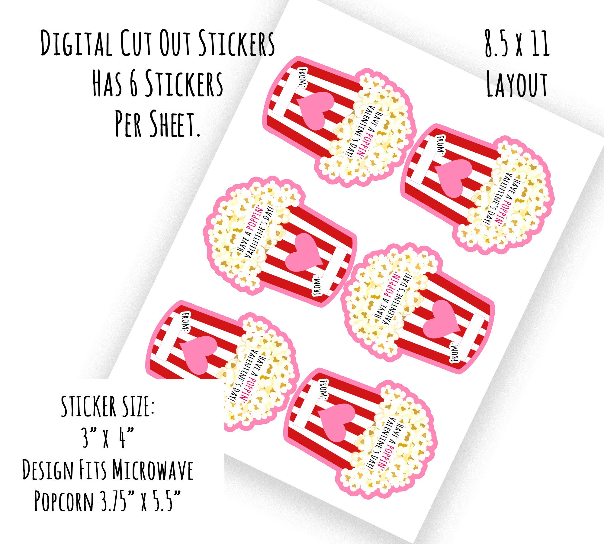 Popcorn Sticker Samples Valentine's Popcorn Stickers - Red | Party Favor DIY Digital - Etsy