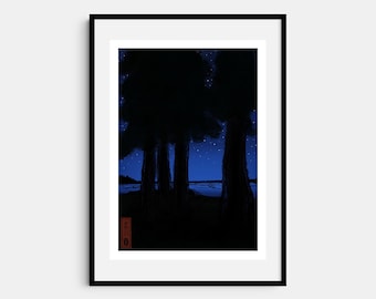 夕暮れの湖畔 Yūgure no kohan (Lakeside at dusk), an original fine art print of the lakeside through trees as the stars come out.