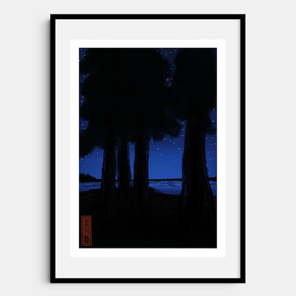 夕暮れの湖畔 Yūgure no kohan (Lakeside at dusk), an original fine art print of the lakeside through trees as the stars come out.