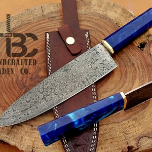 Hand Forged Damascus Chef Knife with Blue Marble Designed Resin Handle #IRF-786003