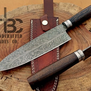Japanese Style Knife With Feather Pattern Blade and Rose Wood Round Handle #IRF-786001