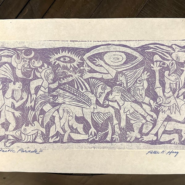 Original Woodblock Print titled "Fantastic Parade" signed by late artist Peter K. Hoag, 2006 (lavender and white, tribal)