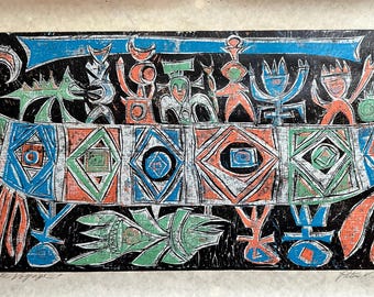 Abstracte houtsnede, ondertekend door Peter K. Hoag, "Fantastic Voyage" 1992 (zwarte achtergrond) Viking, Nordic