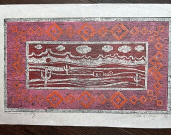 Original Vintage Woodblock Print Titled "Mexican Country" signed by late artist Peter K. Hoag, 1996