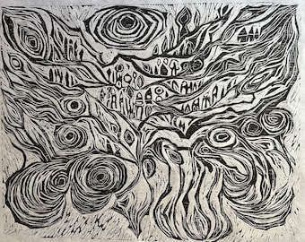 Original Black-on-White Abstract Woodblock Print by Late Artist Peter K. Hoag, Unsigned (1990s)