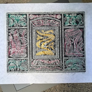 Original Vintage Color Abstract Woodblock Print titled &quot;Garden of Eden&quot; Signed by Late Artist Peter K. Hoag, 1999