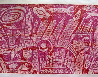 Abstract Woodblock Print by Peter K. Hoag, Unsigned, Vivid Reds and Pink, Cityscape, Surreal