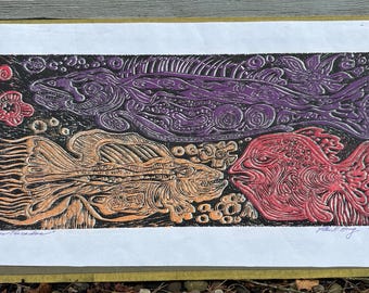 Abstract Woodblock Print Signed by Peter K. Hoag, "Tres Pescados" 2005, Three Fish