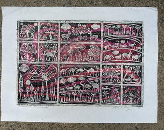 May include: A black, white, and magenta print featuring a grid of illustrated scenes. The scenes depict trees, animals, and landscapes. The print is on white paper and appears to be an original artwork.