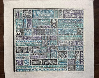 May include: An abstract print with a grid of teal, purple, and white geometric shapes and symbols. The artwork, titled "Kings Country" and signed "Peter H. Hays '22", features a variety of patterns and figures, creating a textured, artistic composition.