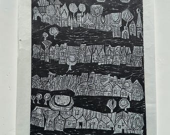 Abstract Woodblock Print Signed by Peter K. Hoag, "Village at Night"  2004, Black and White Art