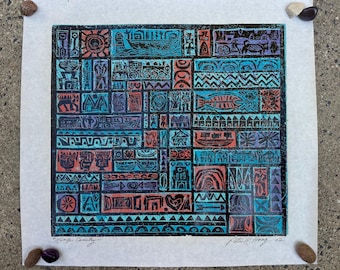 May include: A colorful print with a grid of abstract shapes and symbols in teal, red, purple, and black. The print includes images of boats, fish, and geometric patterns. The artist's signature and the title "Norse Country" are visible.