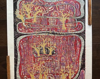 May include: Abstract art print with a red and purple design featuring gold-colored trees. The artwork has a textured appearance and is framed with wooden strips. The print is signed and titled "Red Fantasy".
