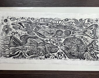Abstract Woodblock Print on Rice Paper by Peter K. Hoag, Unsigned, Three Fish, Coastal Art, Black and White
