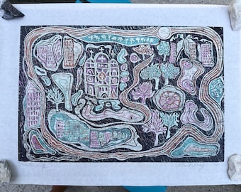May include: Abstract print featuring a stylized cityscape with buildings, trees, and a church. The artwork uses a palette of purple, teal, and brown on a black background. The print has a textured appearance and is signed by the artist.