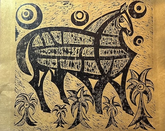 Original Woodblock Print titled "Trojan Horse" signed by late artist Peter K. Hoag, 2009
