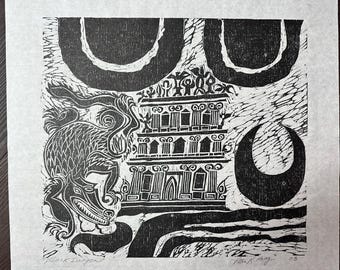 Original Woodblock Print Signed by Peter K. Hoag, Black Dragon, 2003