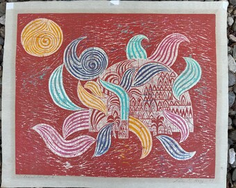May include: Abstract art print with a red background and colorful shapes. The artwork features a yellow sun, swirling blue and white shapes, and multi-colored leaf-like forms. The print is on a beige background.