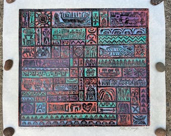 May include: A colorful print with a geometric design featuring various shapes and symbols in shades of teal, coral, purple, and black. The artwork includes images of boats, fish, and other abstract figures. The print is signed and dated.