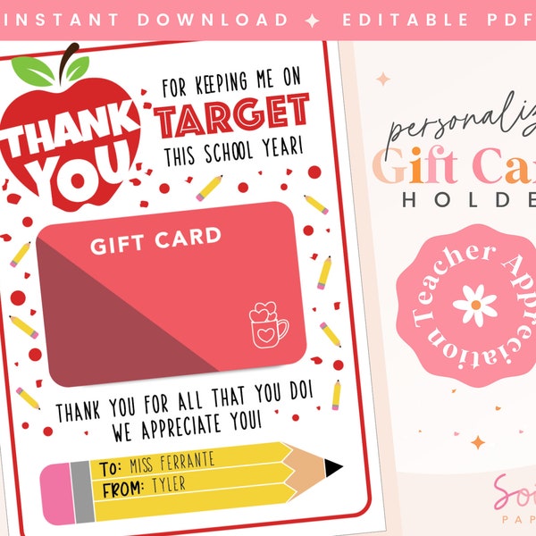 Printable Target Gift Card Holder, Teacher Appreciation, Personalized Gift Card, Thanks for Keeping Me on Target, Teacher Birthday Card