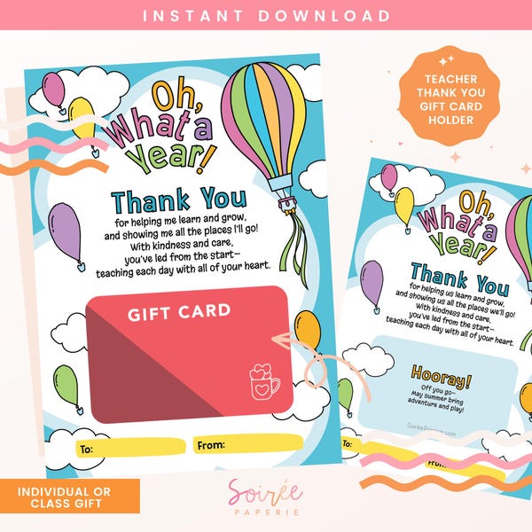 Teacher Thank You Card Holder | Printable Gift Card (Fillable PDF)