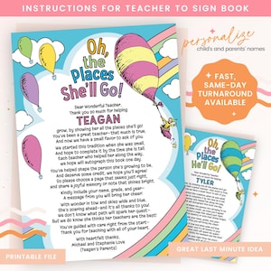 Oh, là où vous irez, lettre au professeur | Carte d'instructions pour les enseignants à signer | Cadeau de remise des diplômes | Enseignant imprimable | Livre de souvenirs DIY