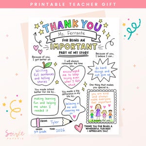 Könnte beinhalten: Druckbares Lehrergeschenk mit handgeschriebenem Design. Die Worte "Thank You" stehen oben, gefolgt von "For Being an Important Part of My Story". Enthält Zeichnungen, Herzen, Sterne und Textfelder mit personalisierten Nachrichten.