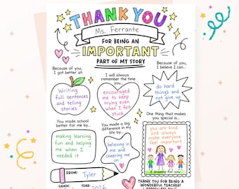May include: Printable teacher gift with a handwritten design. The words "Thank You" are at the top, followed by "For Being an Important Part of My Story." Includes drawings, hearts, stars, and text boxes with personalized messages.