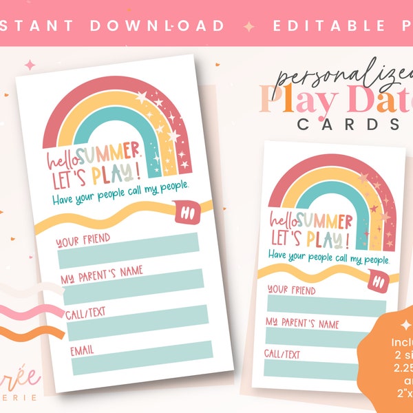 Playdate Cards, Summer Play Date Card, Printable End of School Tags, Play Date Business Card, Keep in Touch Contact Card, Editable Play Card