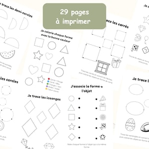 May include: A collection of 29 printable educational worksheets for children. The pages include tracing exercises for shapes such as semi-circles, circles, squares, and ovals, alongside matching activities. The text "29 pages à imprimer" is visible.