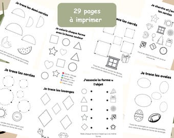 May include: A collection of 29 printable educational worksheets for children. The pages include tracing exercises for shapes such as semi-circles, circles, squares, and ovals, alongside matching activities. The text "29 pages à imprimer" is visible.