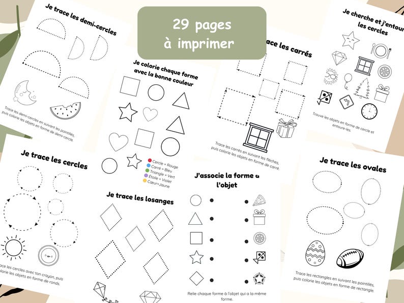 May include: A collection of 29 printable educational worksheets for children. The pages include tracing exercises for shapes such as semi-circles, circles, squares, and ovals, alongside matching activities. The text "29 pages &agrave; imprimer" is visible.