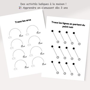 May include: Two white activity sheets with black line drawings. One sheet has arched lines with fish and wave illustrations. The other sheet has dotted lines connecting black dots to starbursts. Text in French says "Trace les arcs" and "Trace les lignes en partant du point noir."