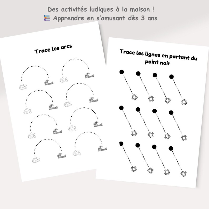 May include: Two white activity sheets with black line drawings. One sheet has arched lines with fish and wave illustrations. The other sheet has dotted lines connecting black dots to starbursts. Text in French says "Trace les arcs" and "Trace les lignes en partant du point noir."